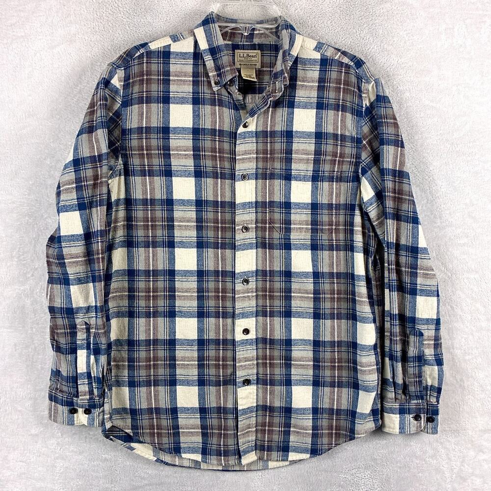 Vintage LL Bean Shirt Mens M Blue White Plaid Flannel Preppy Classic Outdoors